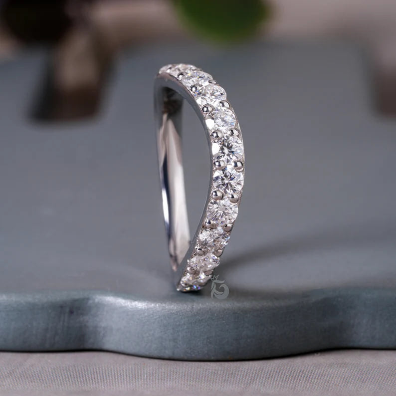 1.07TCW Curved Moissanite Wedding Band, 14K White Gold Half Eternity Ring