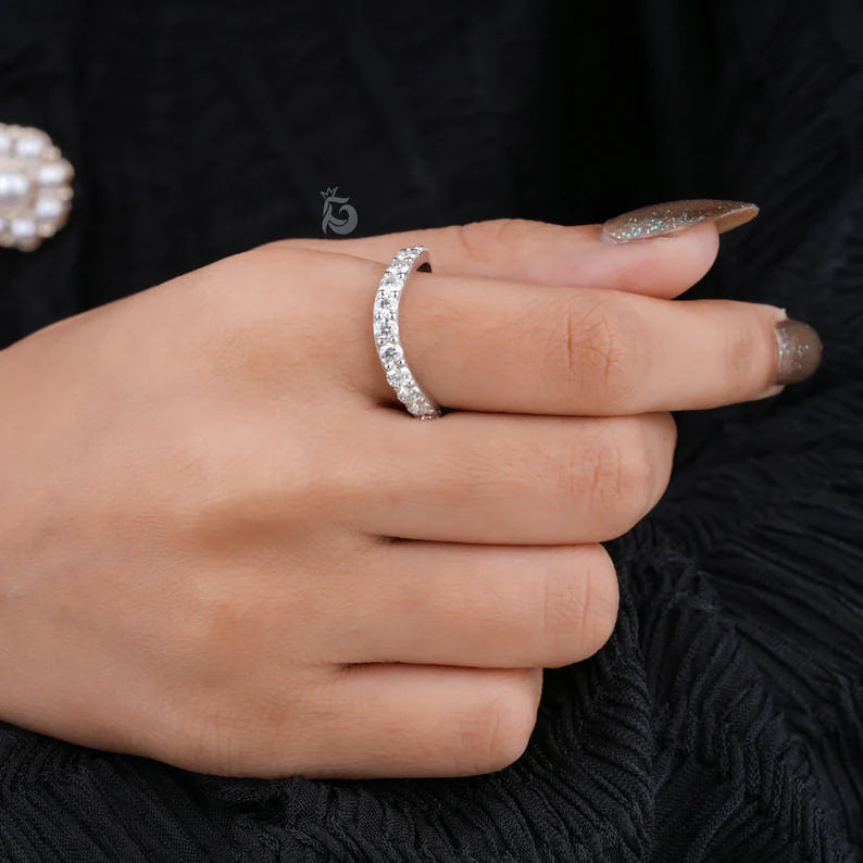 1.07TCW Curved Moissanite Wedding Band, 14K White Gold Half Eternity Ring