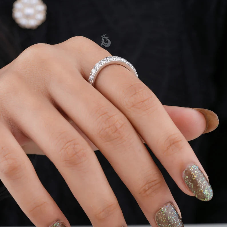 1.07TCW Curved Moissanite Wedding Band, 14K White Gold Half Eternity Ring