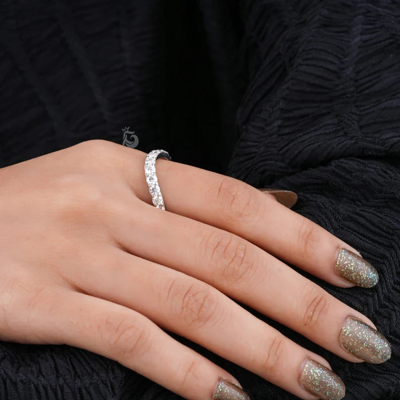 1.07TCW Curved Moissanite Wedding Band, 14K White Gold Half Eternity Ring