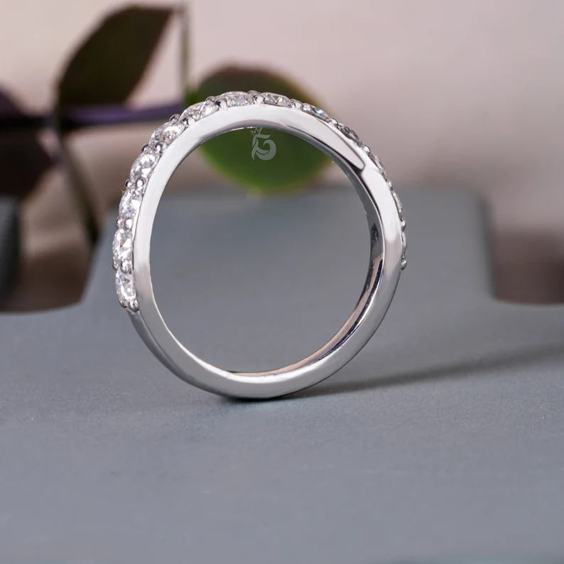 1.07TCW Curved Moissanite Wedding Band, 14K White Gold Half Eternity Ring