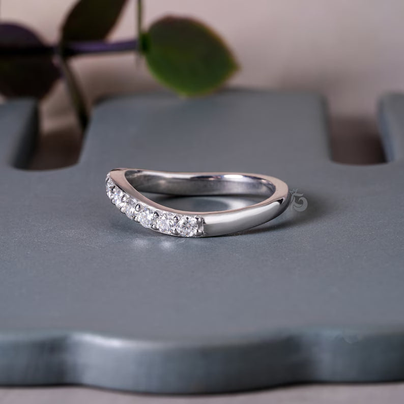 2.20MM Round Moissanite Curved Band, 14K White Gold Stacking Ring