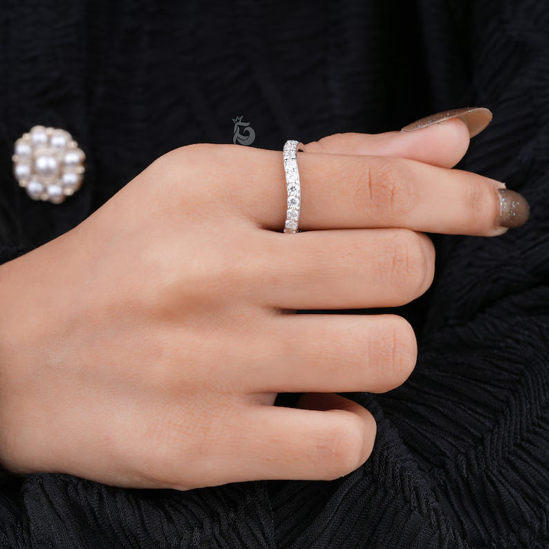 2.20MM Round Moissanite Curved Band, 14K White Gold Stacking Ring