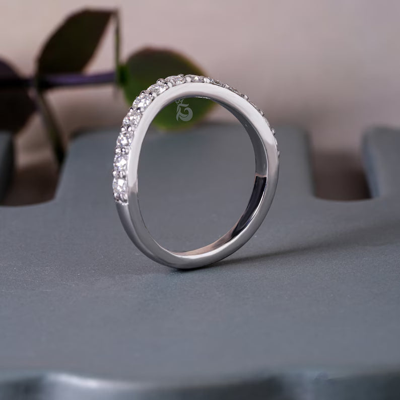 2.20MM Round Moissanite Curved Band, 14K White Gold Stacking Ring