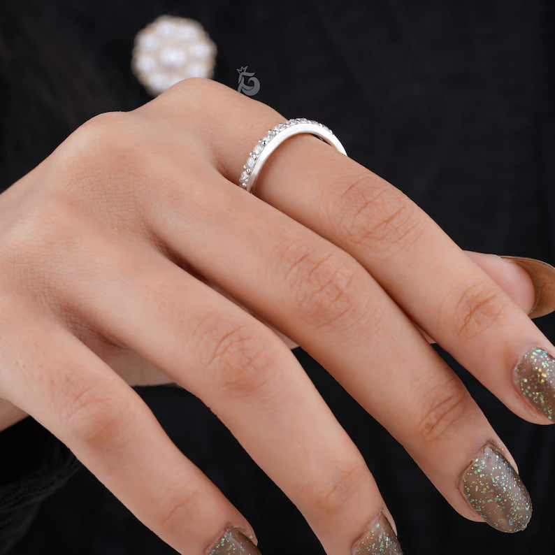 2.20MM Round Moissanite Curved Band, 14K White Gold Stacking Ring