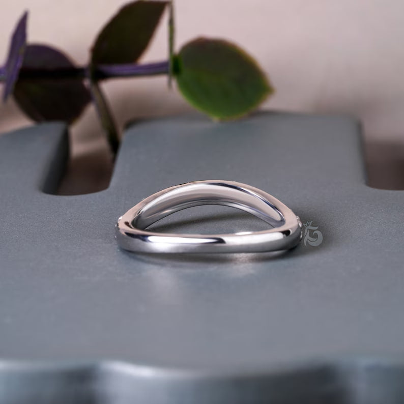 2.20MM Round Moissanite Curved Band, 14K White Gold Stacking Ring