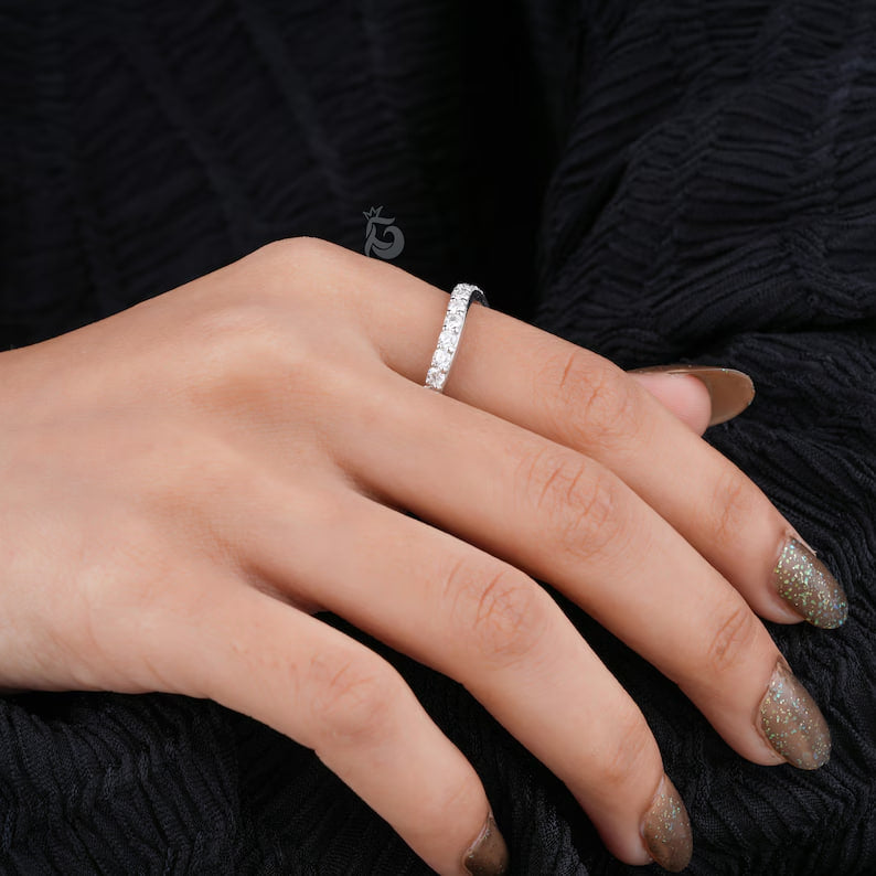 2.20MM Round Moissanite Curved Band, 14K White Gold Stacking Ring