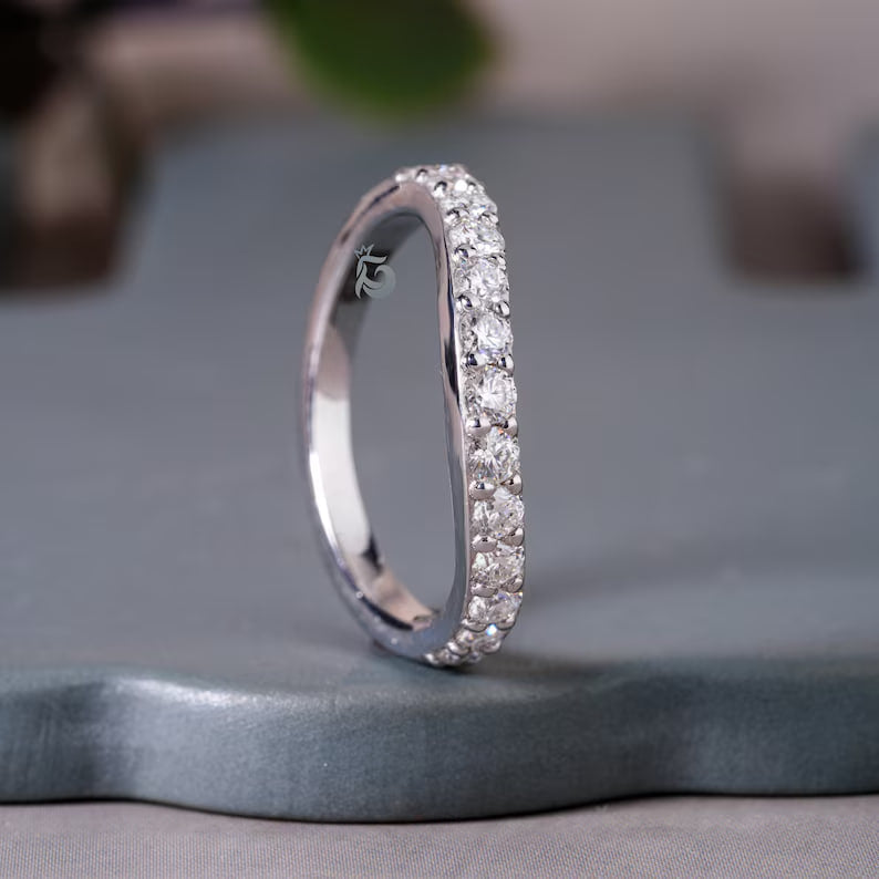 2.20MM Round Moissanite Curved Band, 14K White Gold Stacking Ring