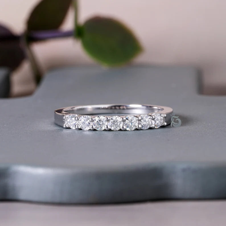 2.5MM 7 Stone Moissanite Band, 950 Platinum Wedding Ring for Her