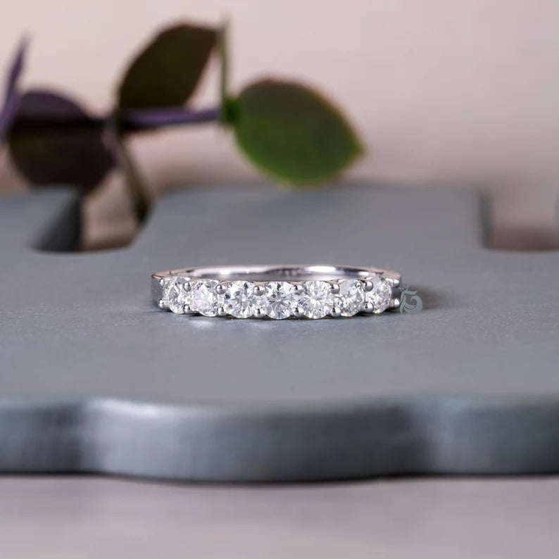 3.0MM Seven Stone Moissanite Band, 10K Gold Minimalist Wedding Ring