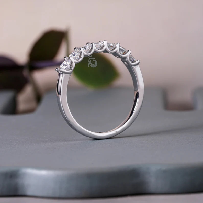 3.0MM Seven Stone Moissanite Band, 10K Gold Minimalist Wedding Ring