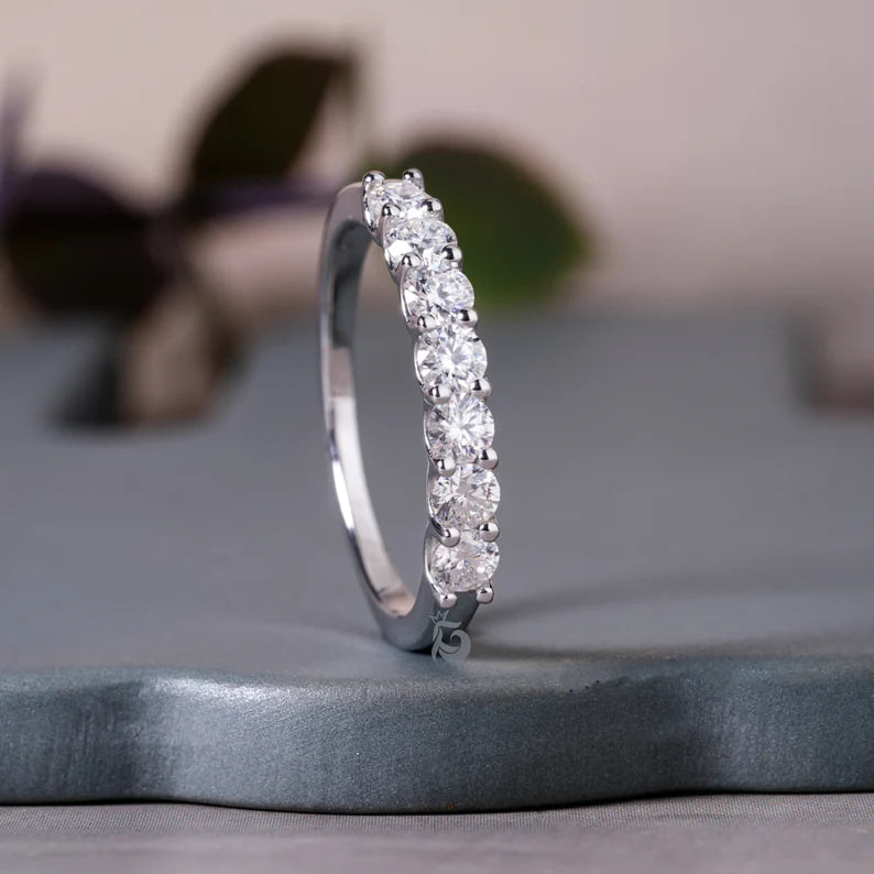 3.0MM Seven Stone Moissanite Band, 10K Gold Minimalist Wedding Ring