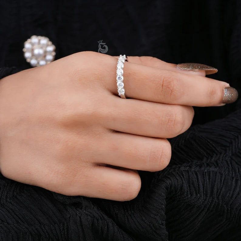 3.0MM Seven Stone Moissanite Band, 10K Gold Minimalist Wedding Ring