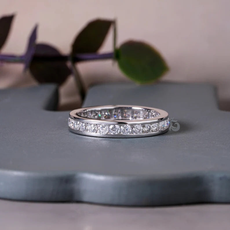 2.10MM Round Moissanite Channel Set Eternity Band in White Gold
