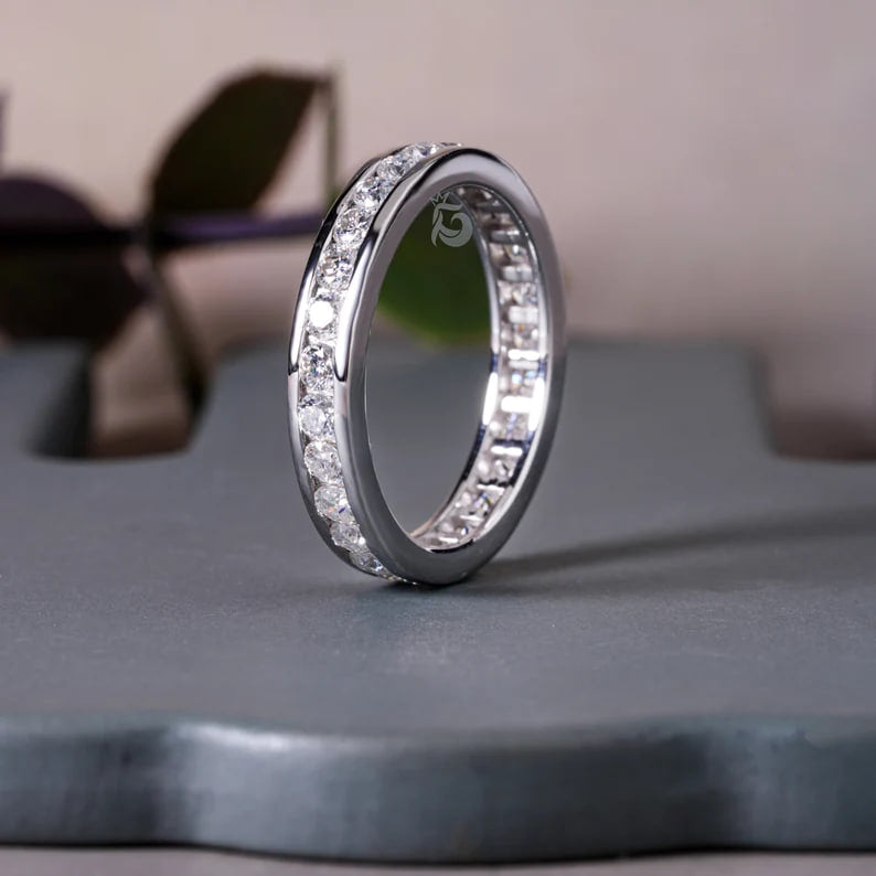 2.10MM Round Moissanite Channel Set Eternity Band in White Gold