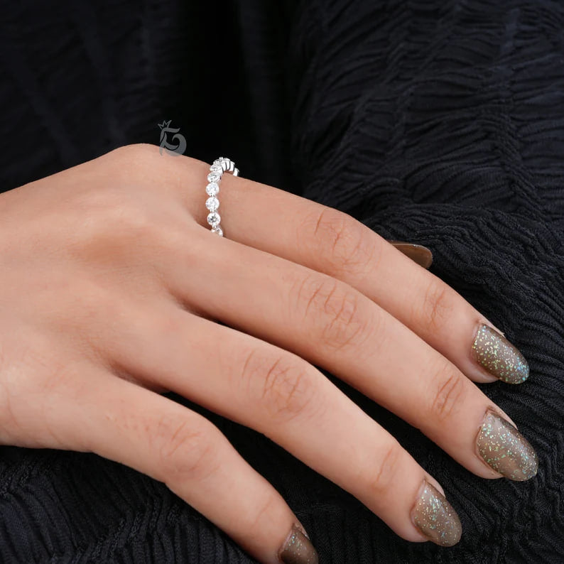 2.5MM Round Moissanite Floating Bubble Eternity Band, Single Prong Stacking Ring for Women