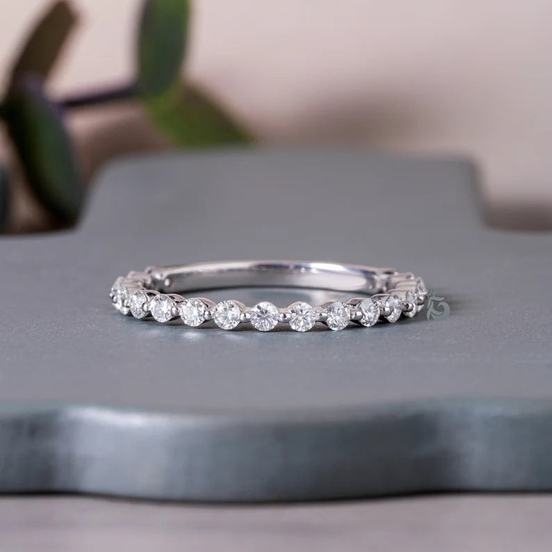 1.9MM Round Moissanite Band, 10K Gold Single Prong Wedding Ring for Women