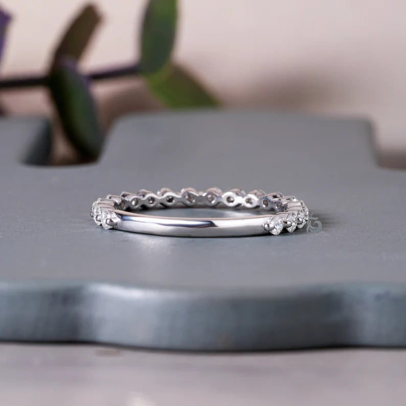 1.9MM Round Moissanite Band, 10K Gold Single Prong Wedding Ring for Women