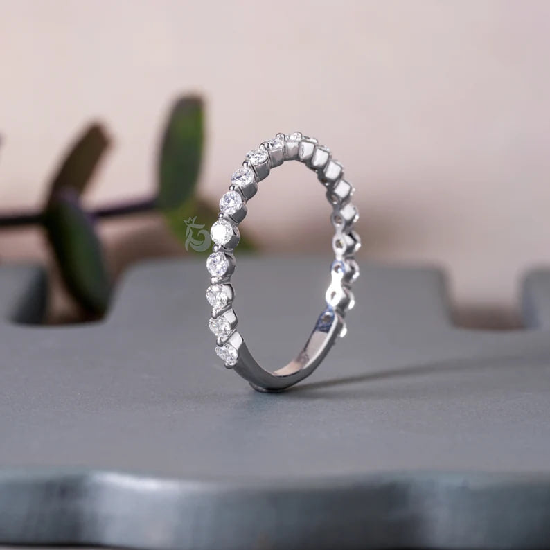 1.9MM Round Moissanite Band, 10K Gold Single Prong Wedding Ring for Women