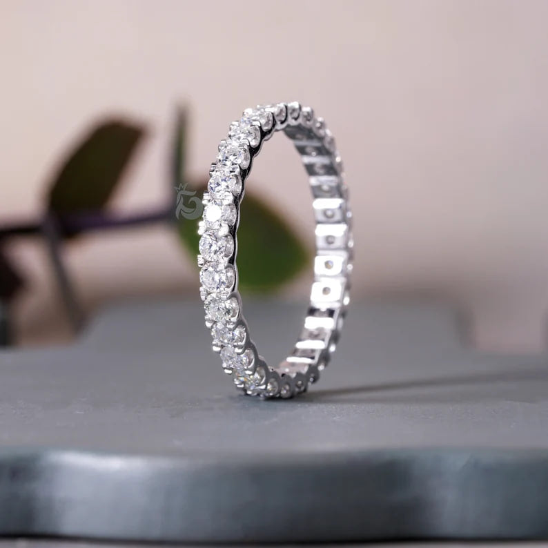 2.10MM Moissanite Full Eternity Band, 14K White Gold Micro Pave Wedding Ring, Anniversary Stacking Band