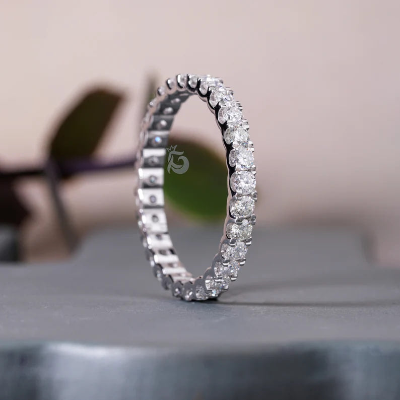 2.10MM Moissanite Full Eternity Band, 14K White Gold Micro Pave Wedding Ring, Anniversary Stacking Band