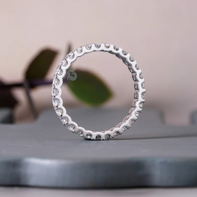 2.10MM Moissanite Full Eternity Band, 14K White Gold Micro Pave Wedding Ring, Anniversary Stacking Band