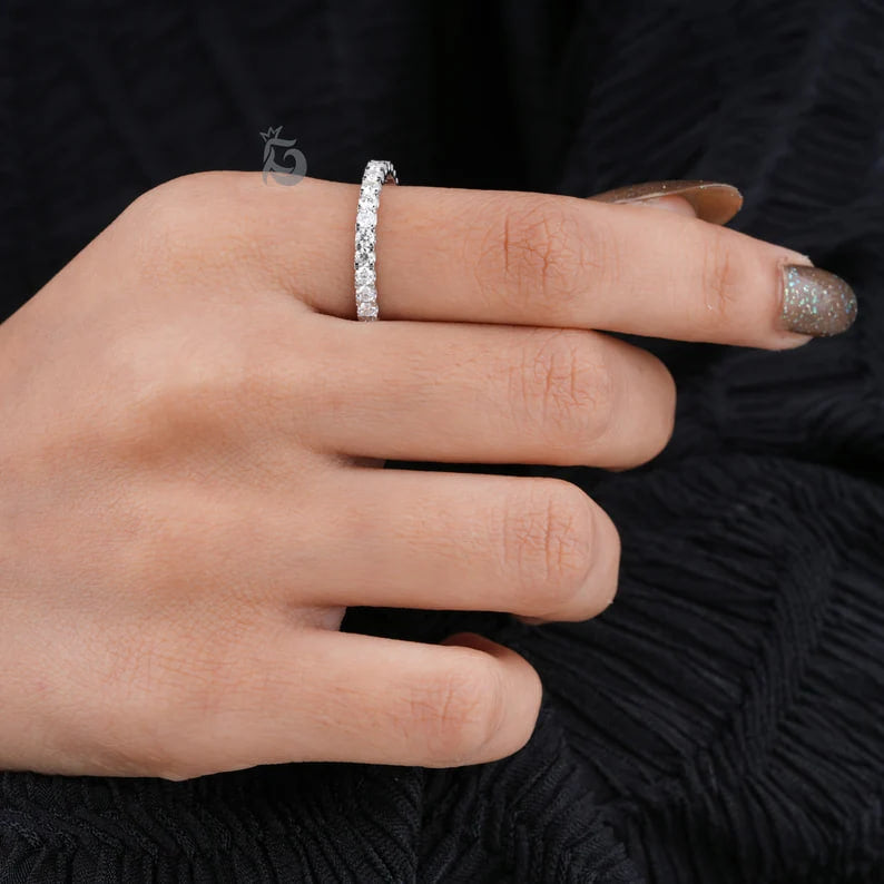2.10MM Moissanite Full Eternity Band, 14K White Gold Micro Pave Wedding Ring, Anniversary Stacking Band