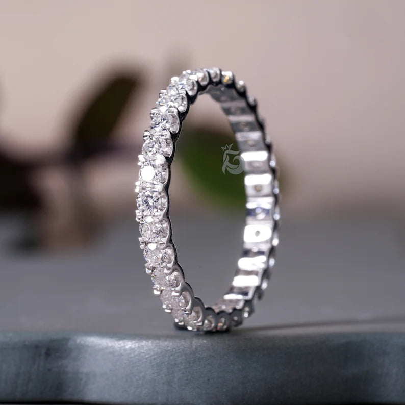2.10MM Moissanite Full Eternity Band, 14K White Gold Micro Pave Wedding Ring, Anniversary Stacking Band