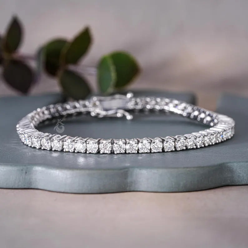 3MM Moissanite Tennis Bracelet, 14K White Gold Diamond Bracelet, Dainty Anniversary Gift for Her