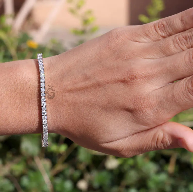 3MM Moissanite Tennis Bracelet, 14K White Gold Diamond Bracelet, Dainty Anniversary Gift for Her