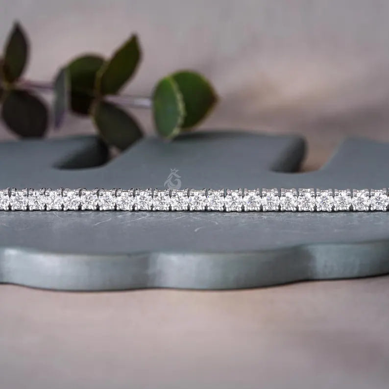 3MM Moissanite Tennis Bracelet, 14K White Gold Diamond Bracelet, Dainty Anniversary Gift for Her