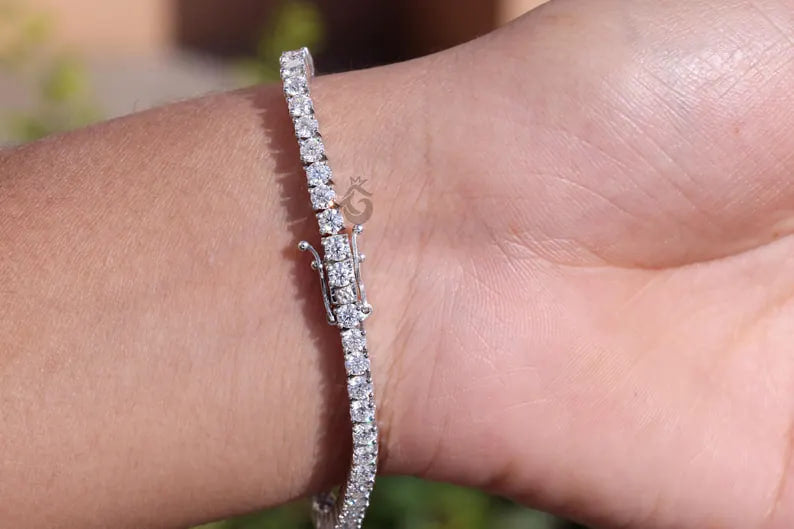3MM Moissanite Tennis Bracelet, 14K White Gold Diamond Bracelet, Dainty Anniversary Gift for Her