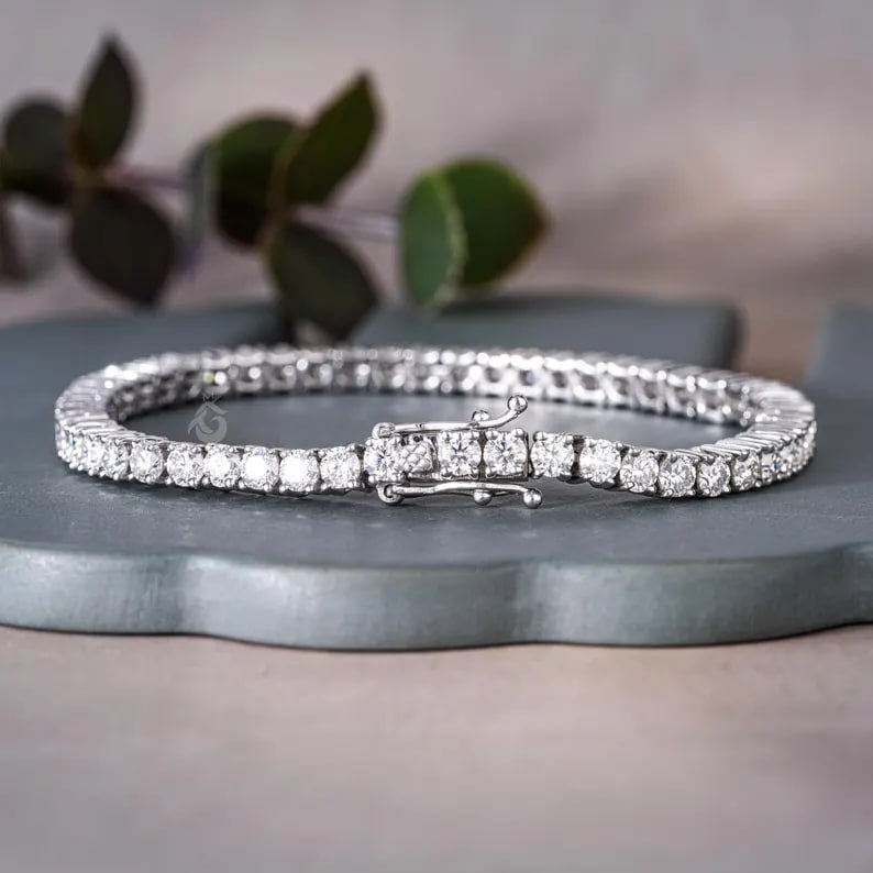3MM Moissanite Tennis Bracelet, 14K White Gold Diamond Bracelet, Dainty Anniversary Gift for Her