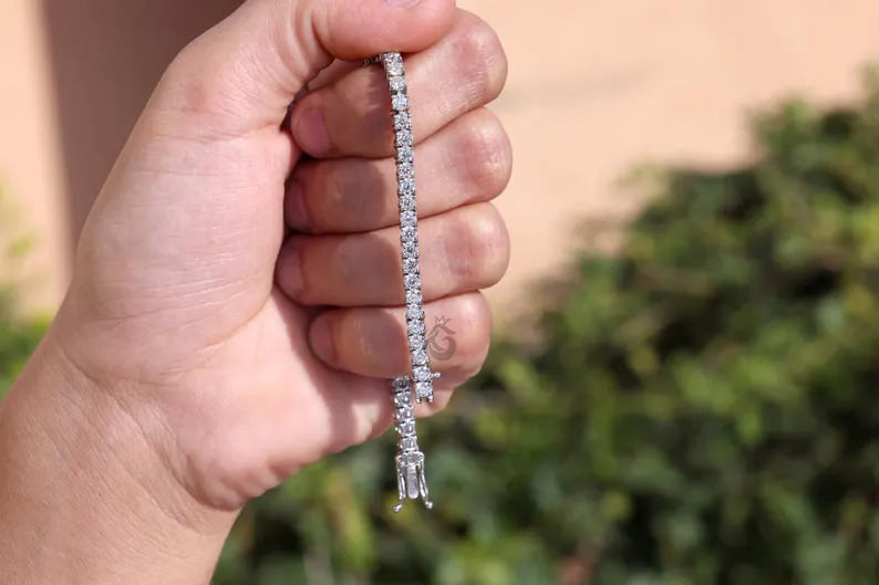 3MM Moissanite Tennis Bracelet, 14K White Gold Diamond Bracelet, Dainty Anniversary Gift for Her