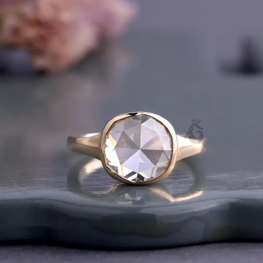 Bezel Set Cushion Rose Cut Moissanite Ring, 10K Gold Solitaire Engagement Ring
