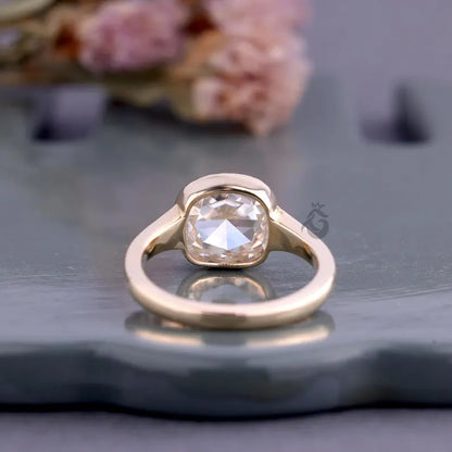 Bezel Set Cushion Rose Cut Moissanite Ring, 10K Gold Solitaire Engagement Ring