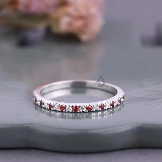 Ruby and Moissanite Full Eternity Band, July Birthstone Stackable Wedding Ring