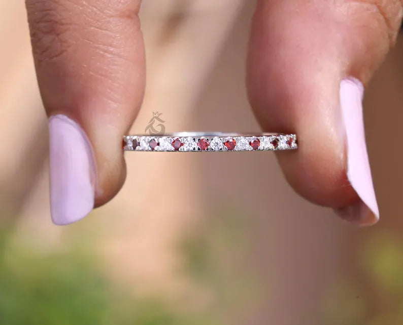 Ruby and Moissanite Full Eternity Band, July Birthstone Stackable Wedding Ring