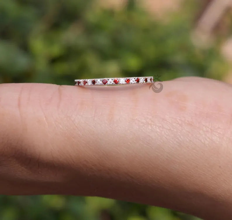 Ruby and Moissanite Full Eternity Band, July Birthstone Stackable Wedding Ring