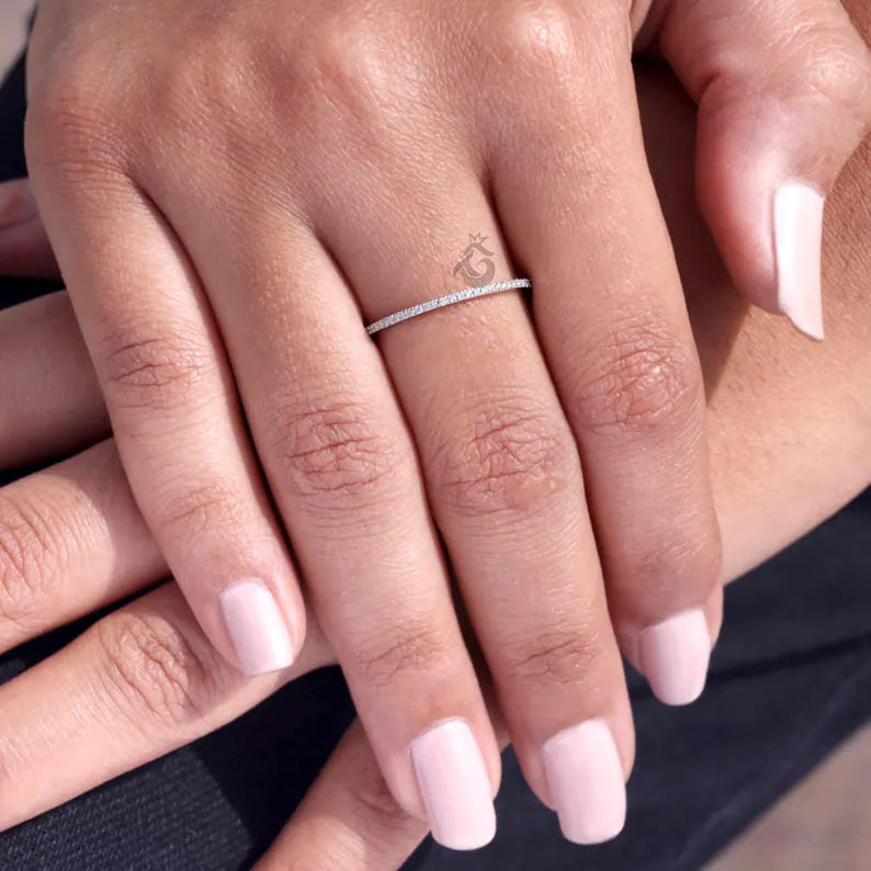 1mm Micro Pave Lab Grown Diamond Eternity Band, 14K White Gold Stacking Ring