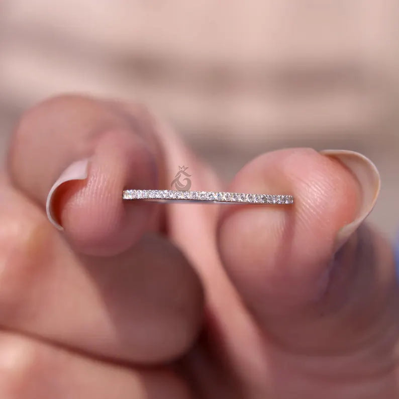 1mm Micro Pave Lab Grown Diamond Eternity Band, 14K White Gold Stacking Ring