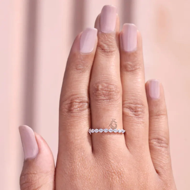 2MM Round Lab Grown Diamond Half Eternity Wedding Band, Floating Bubble Stackable Ring