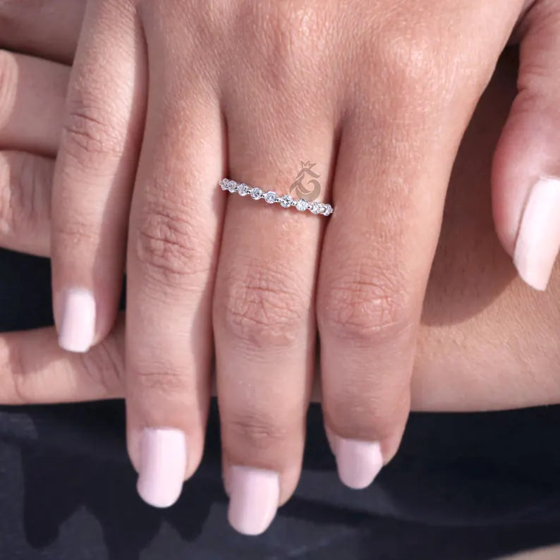 2MM Round Lab Grown Diamond Half Eternity Wedding Band, Floating Bubble Stackable Ring