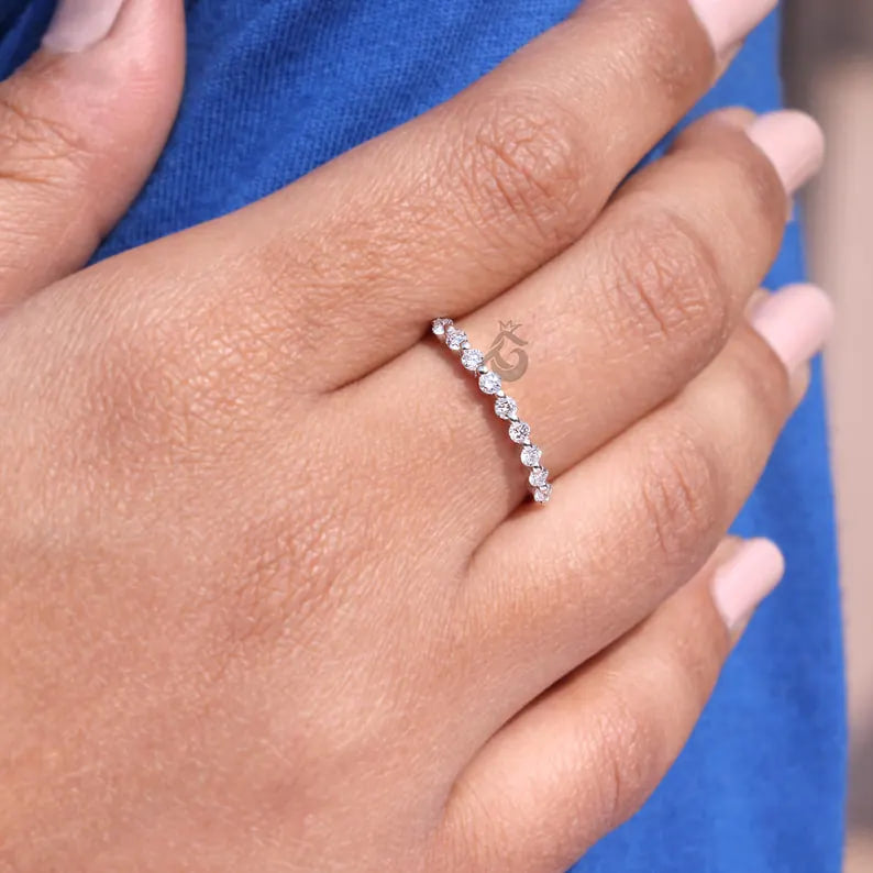 2MM Round Lab Grown Diamond Half Eternity Wedding Band, Floating Bubble Stackable Ring