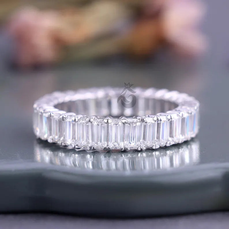 4x2 MM Emerald Cut Moissanite Full Eternity Band, 14K White Gold Stackable Wedding Ring, Anniversary Gift