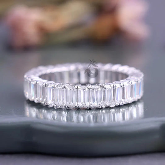 4x2 MM Emerald Cut Moissanite Full Eternity Band, 14K White Gold Stackable Wedding Ring, Anniversary Gift