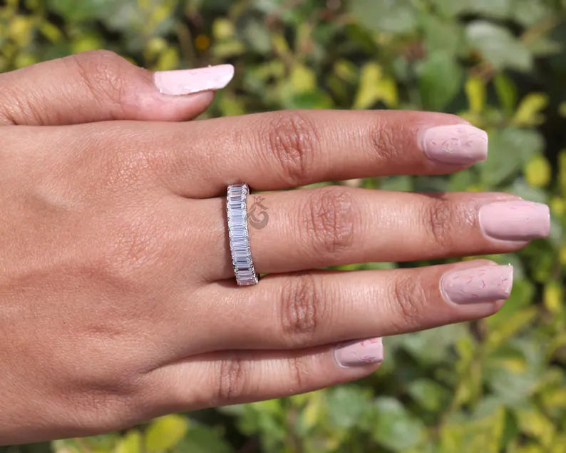 4x2 MM Emerald Cut Moissanite Full Eternity Band, 14K White Gold Stackable Wedding Ring, Anniversary Gift