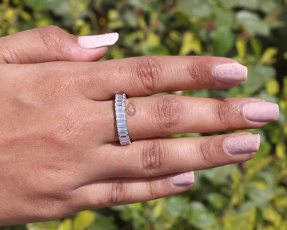 4x2 MM Emerald Cut Moissanite Full Eternity Band, 14K White Gold Stackable Wedding Ring, Anniversary Gift