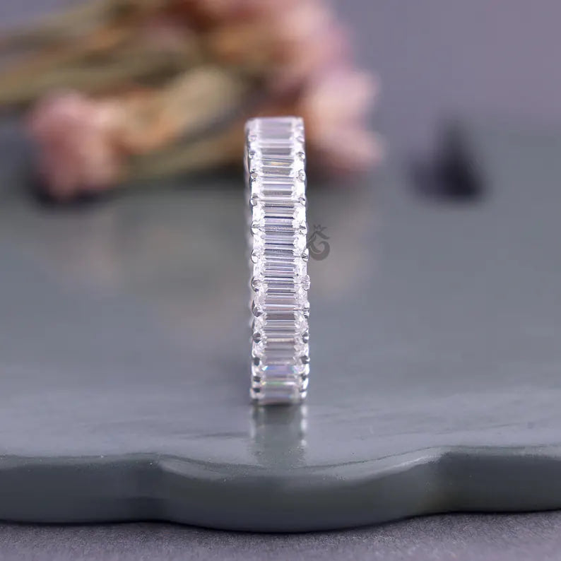 4x2 MM Emerald Cut Moissanite Full Eternity Band, 14K White Gold Stackable Wedding Ring, Anniversary Gift