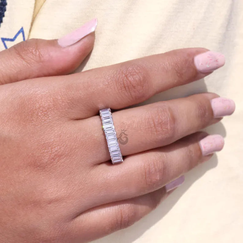 4x2 MM Emerald Cut Moissanite Full Eternity Band, 14K White Gold Stackable Wedding Ring, Anniversary Gift
